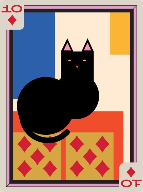 A black cat sitting on a box patterned with diamonds.