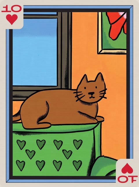 10 of Hearts: A ginger cat asleep on a green chair by an orange window.