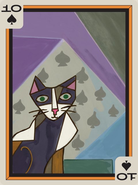 10 of Spades: A black and white cat built from angled planes.