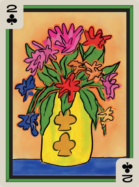 2 of Clubs: Bright flowers in a yellow vase marked with clubs.