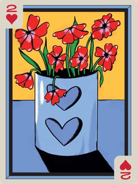 2 of Hearts: Red flowers in a blue vase marked with hearts.