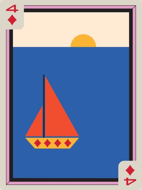 4 of Diamonds: A red sailboat on a block of blue under a yellow sun.