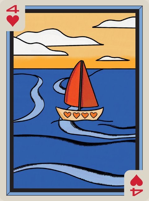 4 of Hearts: A red sailboat on a blue sea under a yellow sky.