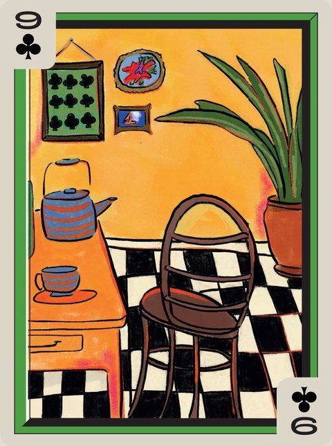 9 of Clubs: An orange kitchen with a kettle, a chair and a checkerboard floor.
