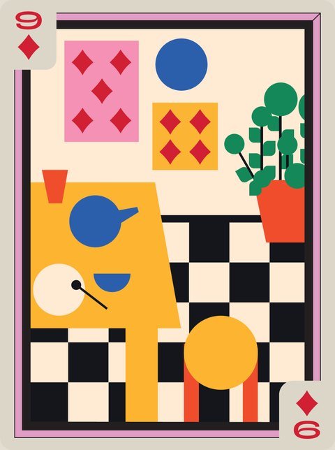 9 of Diamonds: A still life of circles, squares and a checkerboard.