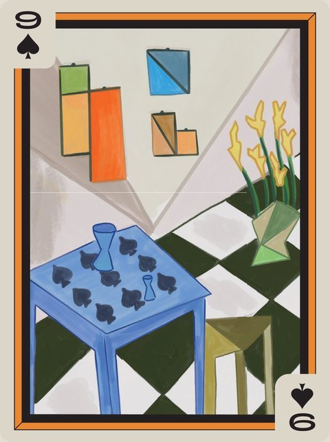 9 of Spades: A Cubist interior with a blue table and a checkerboard floor.