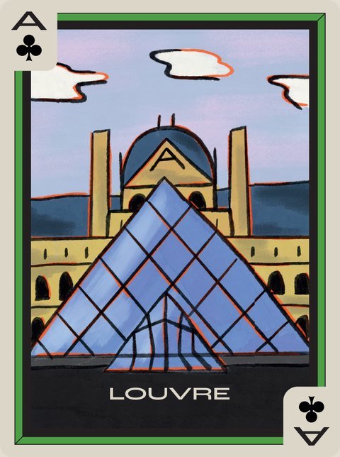 Ace of Clubs: The Louvre pyramid in front of the palace.