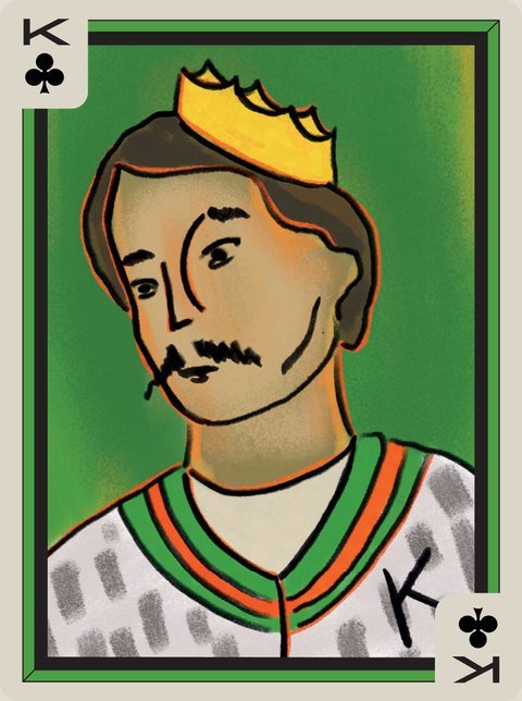 King of Clubs: A Fauvist king with a moustache and a gold crown.