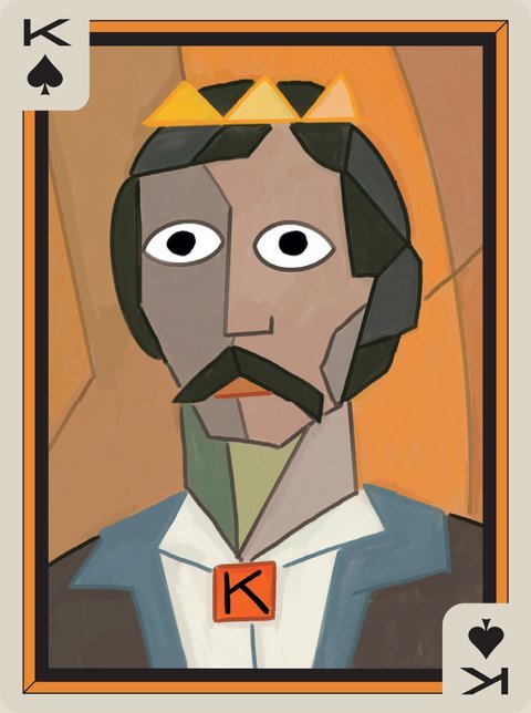 King of Spades: A Cubist king with a moustache and a crown.