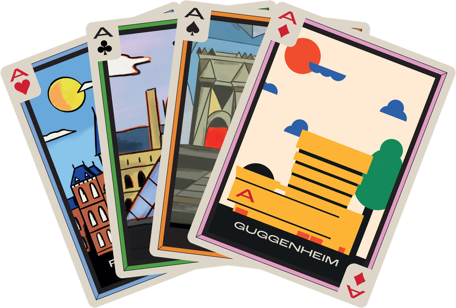 The four aces of the Gallery Gambit deck fanned out: the Rijksmuseum, the Louvre, The Met and the Guggenheim.