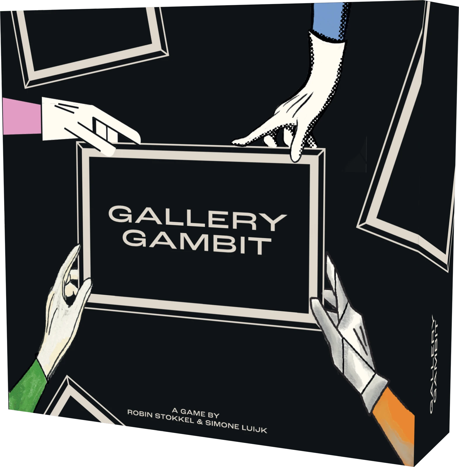 The Gallery Gambit box, black with white gloved hands holding a picture frame.