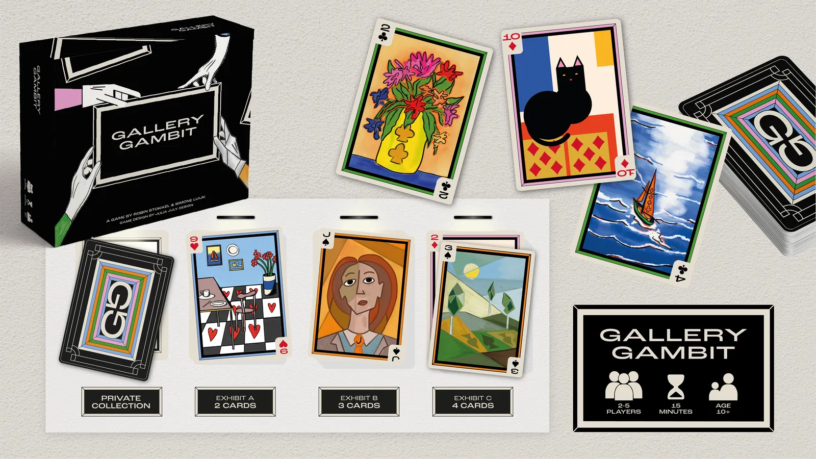 The Gallery Gambit box, a face-down deck and a spread of illustrated cards laid out as three exhibits, with the 2-5 players, 15 minutes, age 10+ badge.