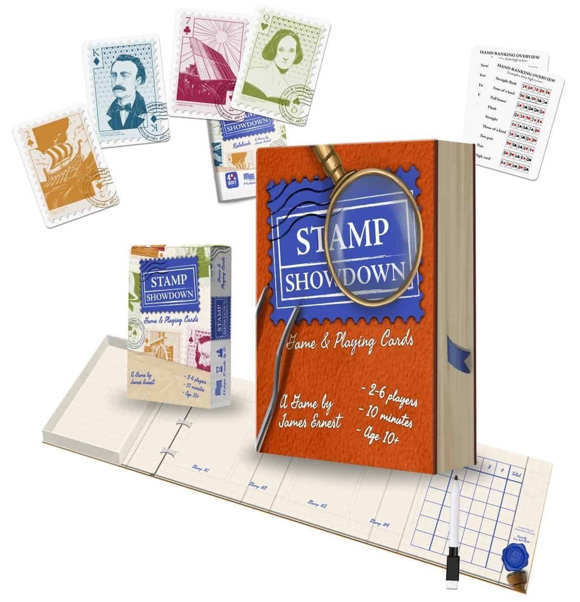 Stamp Showdown Deluxe, the Kickstarter edition: the stamp album box, stamp cards and scoring pad.